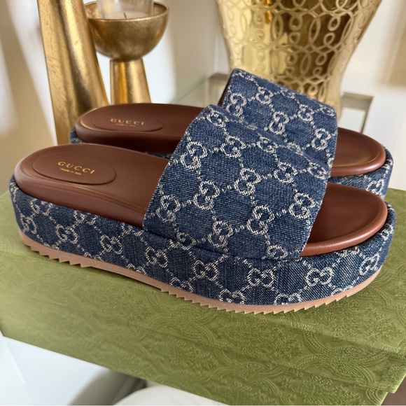 Gucci Shoes - Gucci Women's Denim Blue Logo Slide Sandals